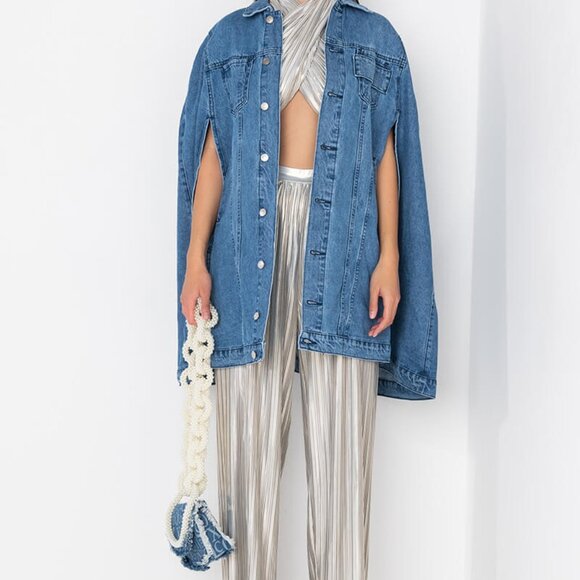 AKIRA 'DON'T TALK LOUD' DENIM TRENCH PONCHO - O/S - NWT - Picture 2 of 9